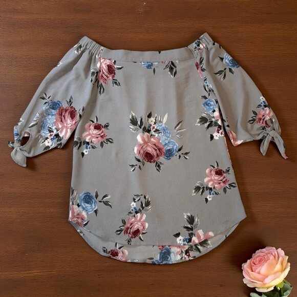 Monteau L.A. gray floral print off-shoulder blouse SIZE M - Picture 1 of 9
